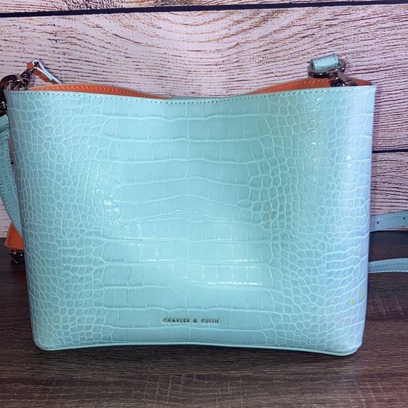 Womens Charles & Keith Shoulder Bag Teal w/ Hand Painted Flowers - Picture 6 of 13